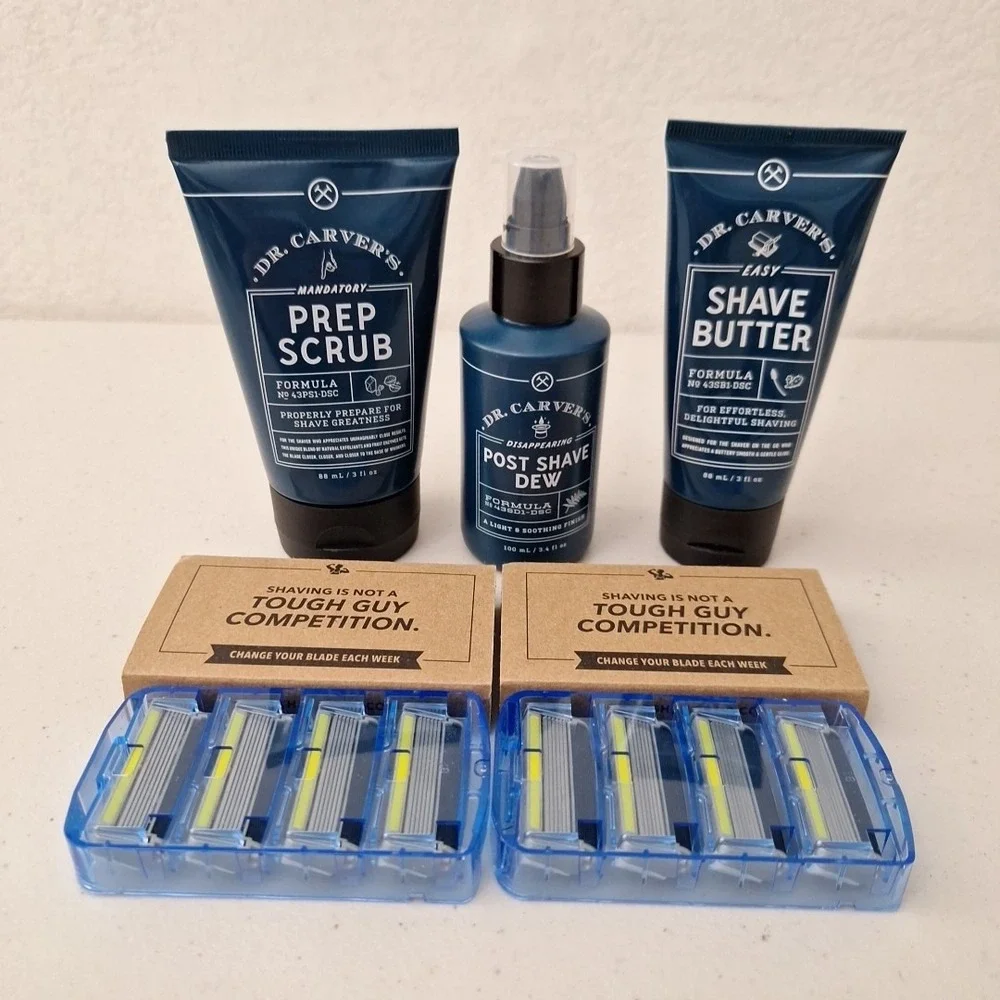 NEW SEALED Dr Carvers Shave Set Pre Scrub Shave Butter Post Shave Dew & 8 RAZORS